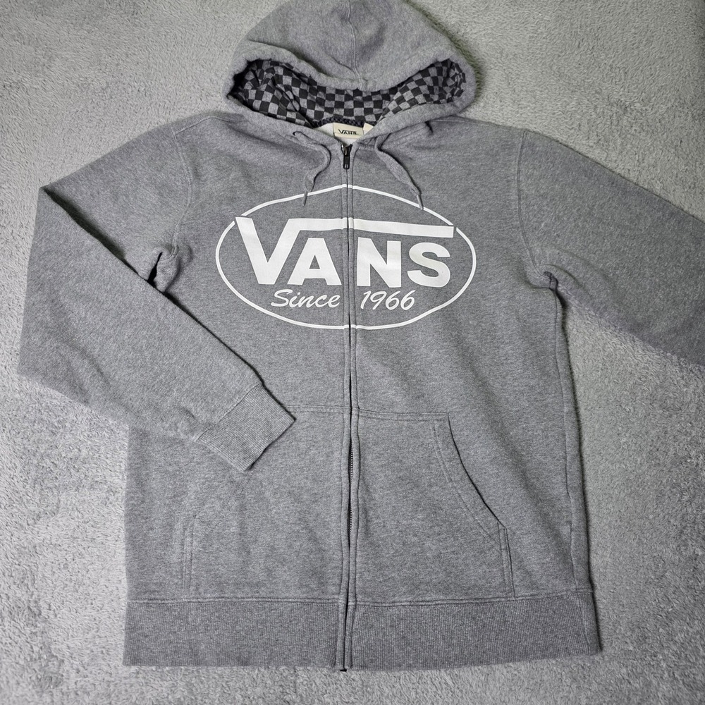 Vans Mens Small Full Zip Hoodie Gray Checkerboard Lining Logo Fleece Sweatshirt